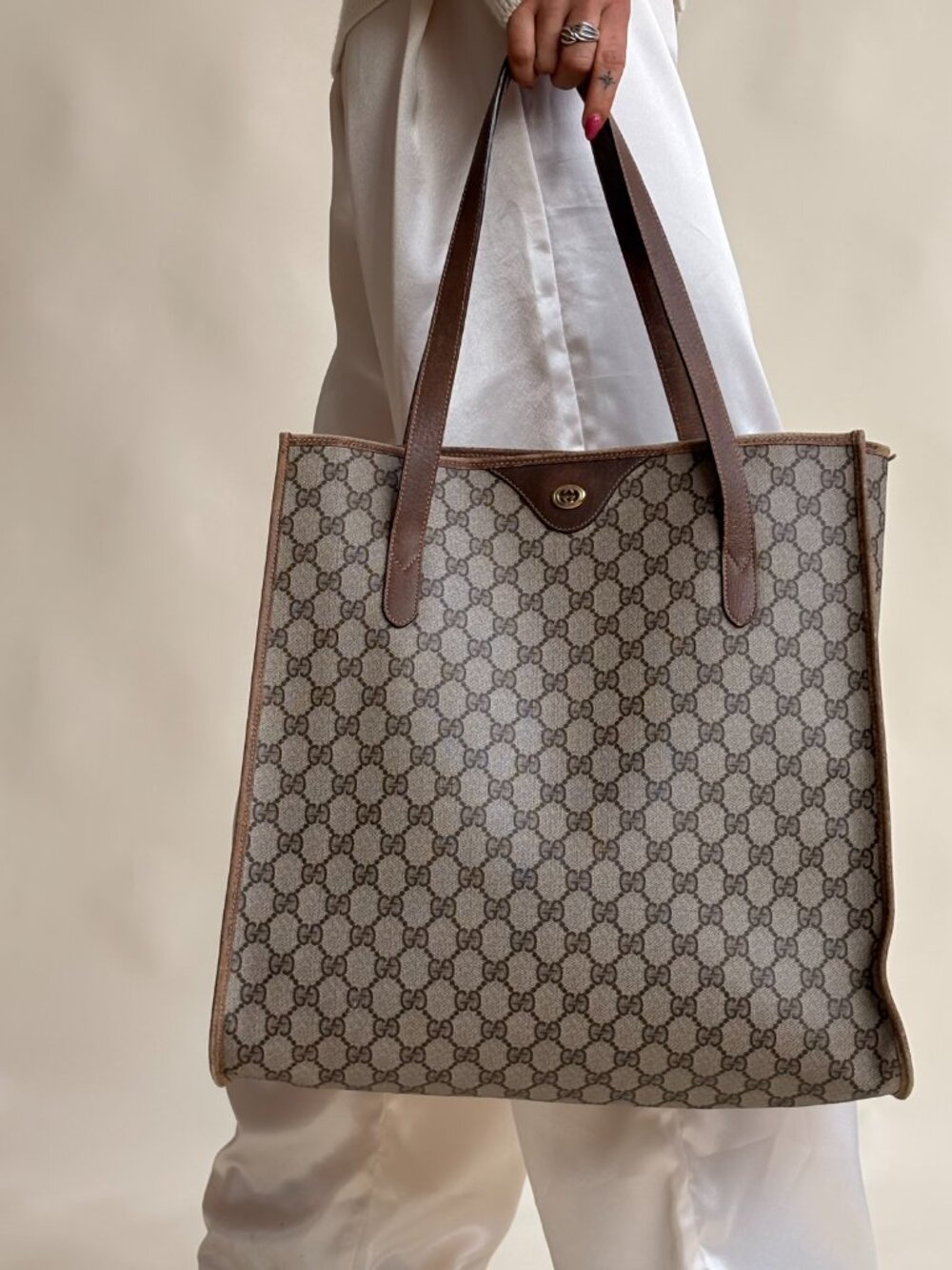 Gucci GG Supreme Vertical Tote - Brown Leather Trim, Large, Vintage